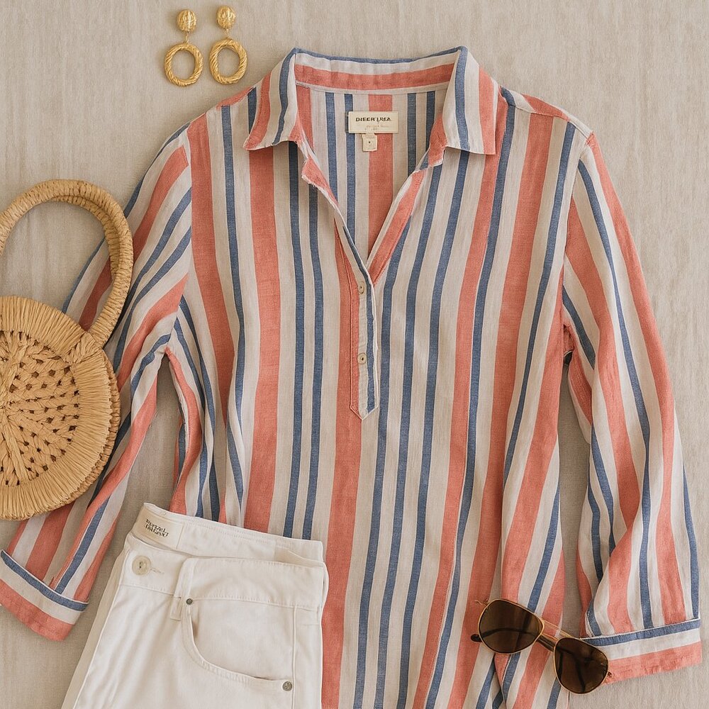 Women’s Artisan NY 100% Linen, Red White Blue, Striped HiLo Shirt Size M, July 4